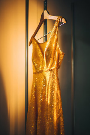 golden dress on a hanger in the store, close upの素材