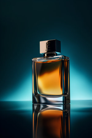 Perfume bottle on dark background with reflection. 3d illustrationの素材