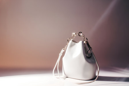 White leather bag on a light background. Fashionable concept. Copy space.の素材