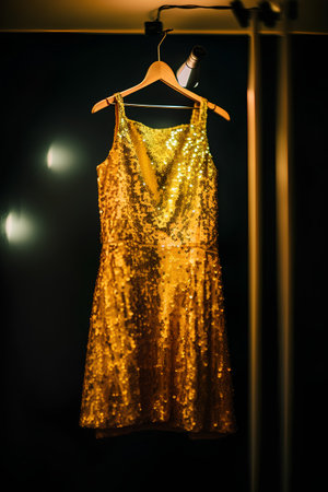 Gold evening dress hanging on a hanger in a dark room.の素材