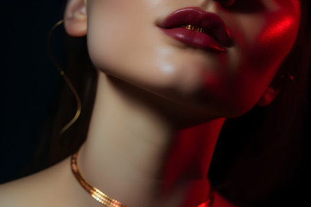 Close-up portrait of a beautiful young woman with red lips.の素材