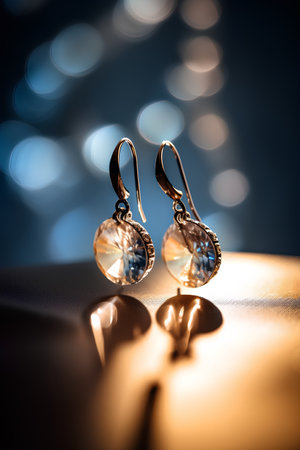 Jewelry earrings on a dark background with bokehの素材