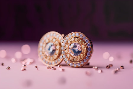 Jewelry. Golden earrings with rhinestones on a pink background.の素材