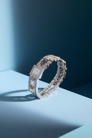 Diamond bracelet on blue background. 3d render. Fashion concept.の素材