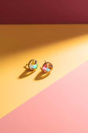 Two colorful earrings on a pink and yellow background. Flat lay.の素材