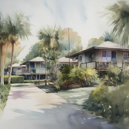 Watercolor painting of a house with palm trees in the background.の素材
