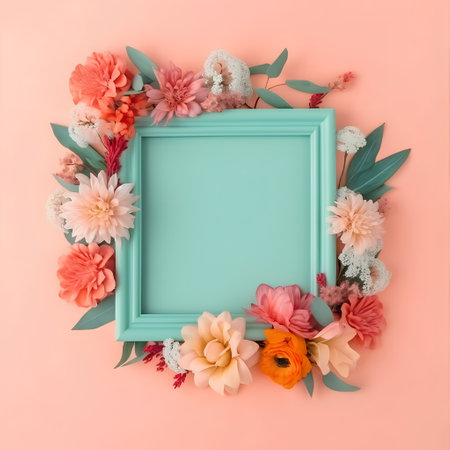 Frame with flowers on pink background. Flat lay, top view.の素材