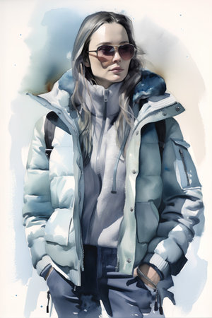 Portrait of a beautiful young woman in a winter jacket and sunglassesの素材