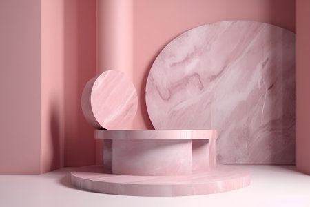 3d render of pink marble product display podium with round mirror.の素材