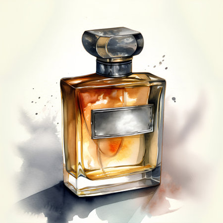 Watercolor illustration of a bottle of perfume on a white background.の素材