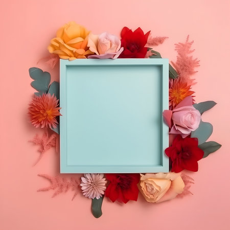 Flowers composition. Frame made of flowers on pastel pink background. Flat lay, top view, copy spaceの素材