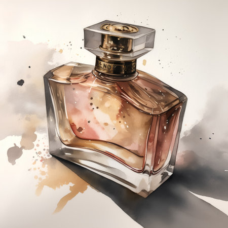 Perfume bottle with watercolor splashes. Hand drawn illustrationの素材