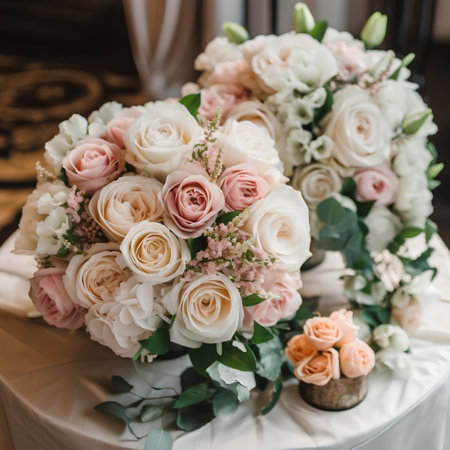 Wedding bouquet of white and pink roses on the tableの素材
