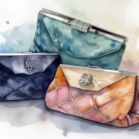 Hand drawn watercolor illustration of a set of women's bags.の素材