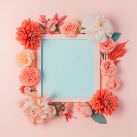 Flowers composition. Frame made of flowers on pastel pink background. Flat lay, top view, copy spaceの素材