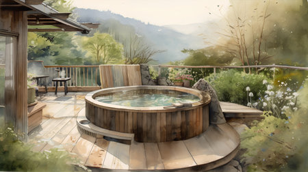 Watercolor painting of a wooden terrace with a hot tub.の素材