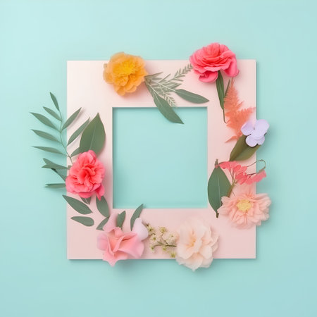 Flowers composition. Frame made of flowers on pastel blue background. Flat lay, top view, squareの素材