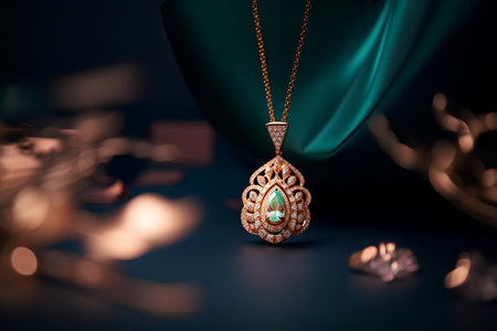jewelry pendant with emerald gemstone on dark backgroundの素材