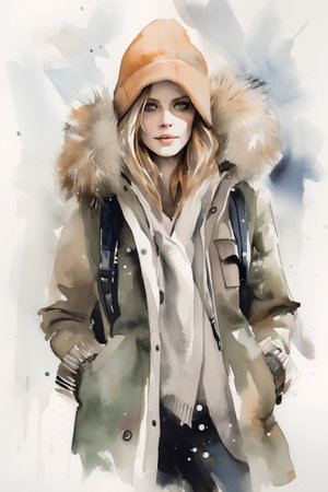 Beautiful young woman in winter coat and hat. Watercolor painting.の素材