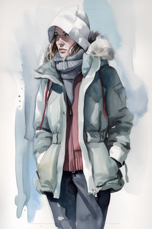 Young woman in winter clothes. Watercolor painting. Winter fashion.の素材