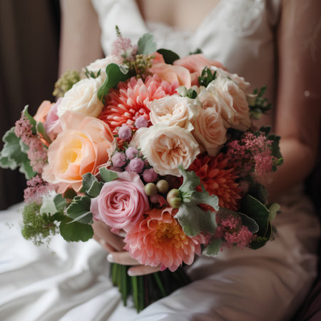 Beautiful wedding bouquet in hands of the bride. Wedding flowersの素材