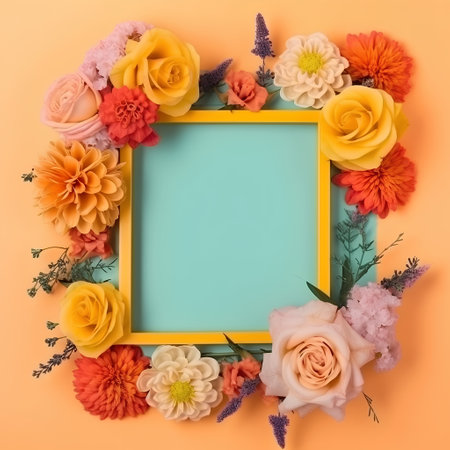 Floral frame with flowers on orange background. Flat lay, top viewの素材