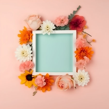 Flower frame on pink background. Flat lay, top view.の素材