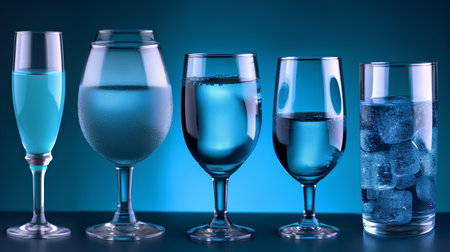 Glasses with sparkling water and ice cubes on dark blue background.の素材