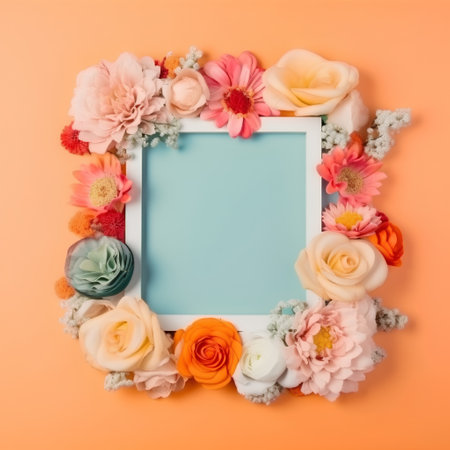 Frame made of flowers on orange background. Flat lay, top viewの素材