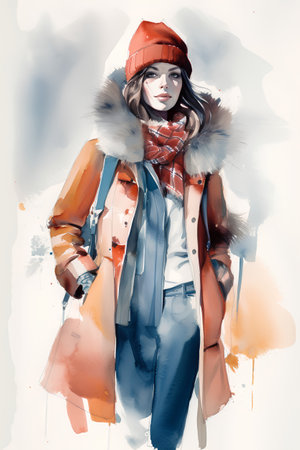 Fashion girl in winter clothes. Hand-drawn watercolor illustration.の素材