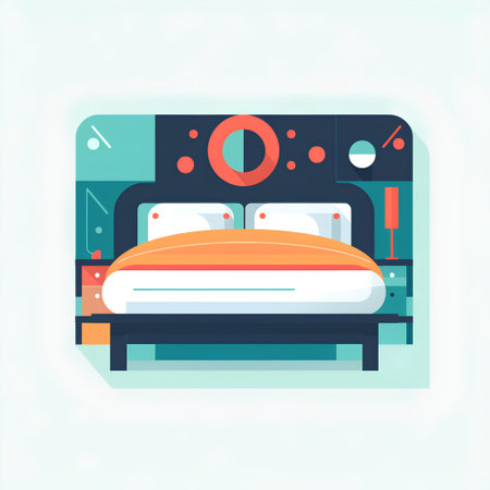 Vector illustration in flat design style. Bed with pillows and a bedside table.の素材