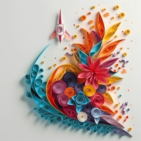 Paper art of colorful flowers and airplane on a white background. Vector illustration.の素材