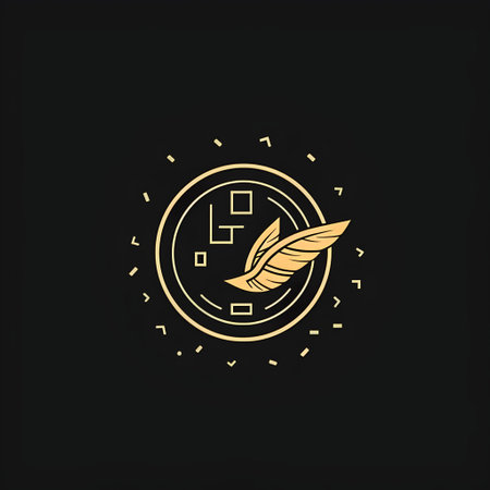 Vector illustration of a gold and black logo with a feather in a circleの素材