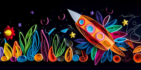 Illustration of a colorful rocket with stars and flowers on a black backgroundの素材