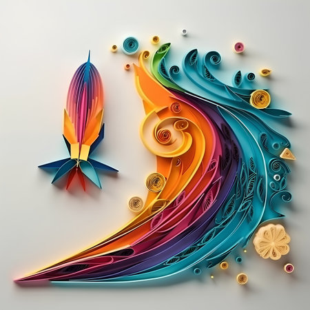 abstract 3d illustration of colorful origami bird with flower on white backgroundの素材