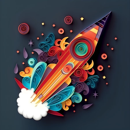 Abstract colorful rocket on dark background. Vector illustration for your design.の素材