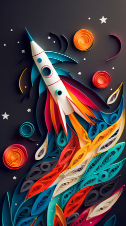 Abstract colorful rocket on dark background. 3d illustration. Space travel concept.の素材