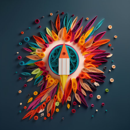 creative rocket made of colorful feathers on dark background. vector illustrationの素材