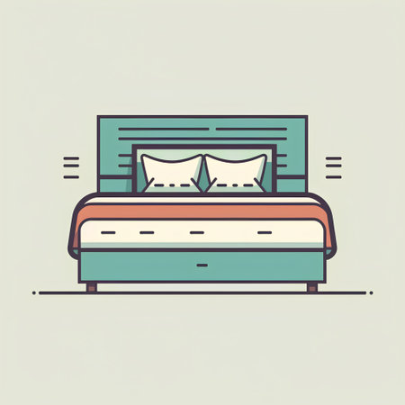 Bed in flat line style. Vector illustration of a bed with pillows.の素材