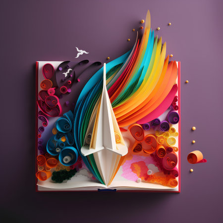 Paper boat on colorful background. 3d illustration. Paper craft.の素材