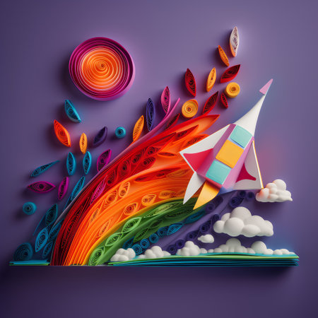 Abstract colorful background with rocket and clouds. 3d vector illustration.の素材