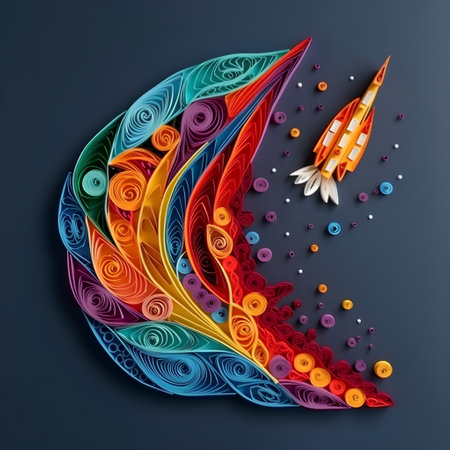 Abstract colorful background with space rocket and stars. 3d illustration.の素材