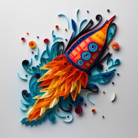Illustration of abstract colorful fire rocket made of paper on white backgroundの素材