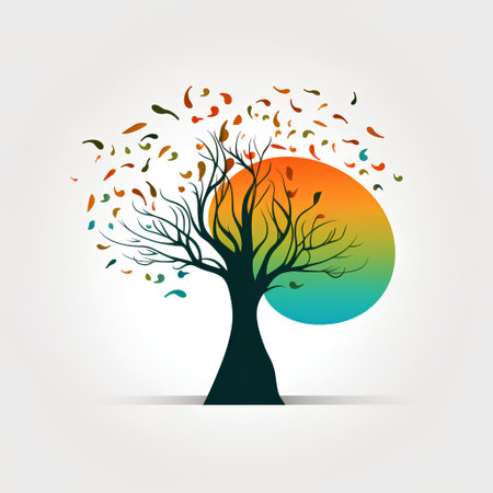 Autumn tree with colorful leaves and sun. Vector Illustration.の素材