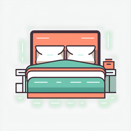 Vector illustration of bed in flat line style. Isolated on green background.の素材