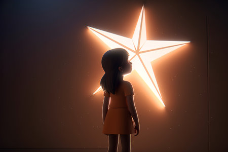 Little girl standing in front of a star. 3d rendering.の素材