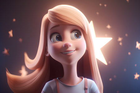 3d illustration of a cute cartoon girl with stars in the backgroundの素材