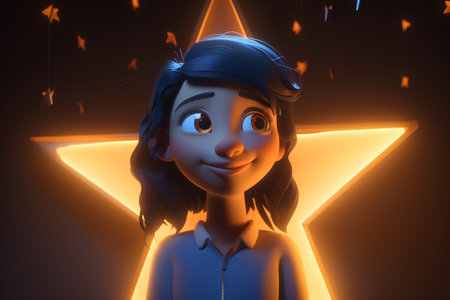3d illustration of a girl with a star in the background.の素材