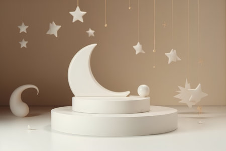 3d render of white podium for product presentation with moon and starsの素材