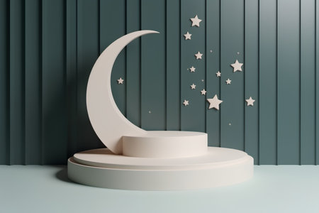 Crescent moon and stars on a white podium in a blue roomの素材